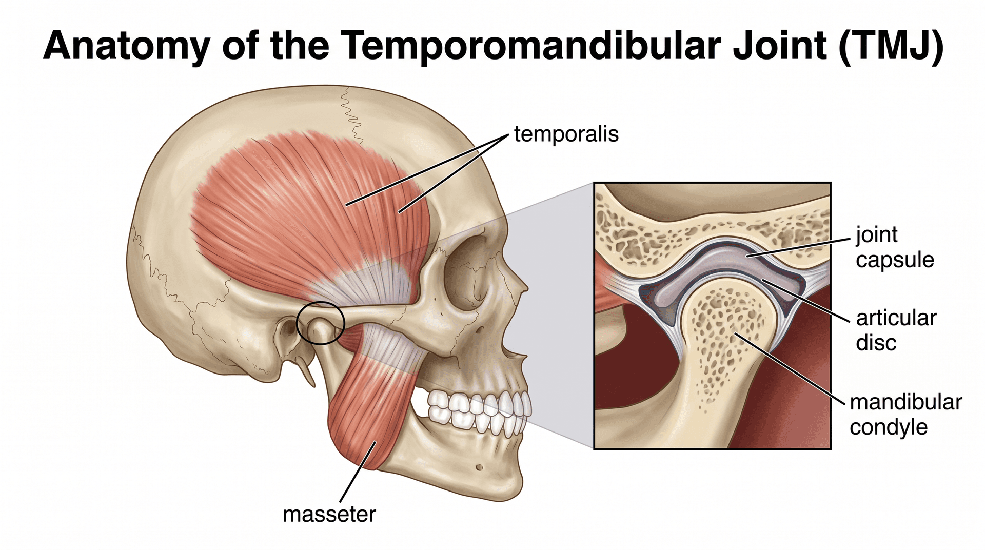 Ilustración anatómica de la articulación temporomandibular con estructuras etiquetadas: cápsula articular, disco articular, cóndilo mandibular, músculo masetero y músculo temporal