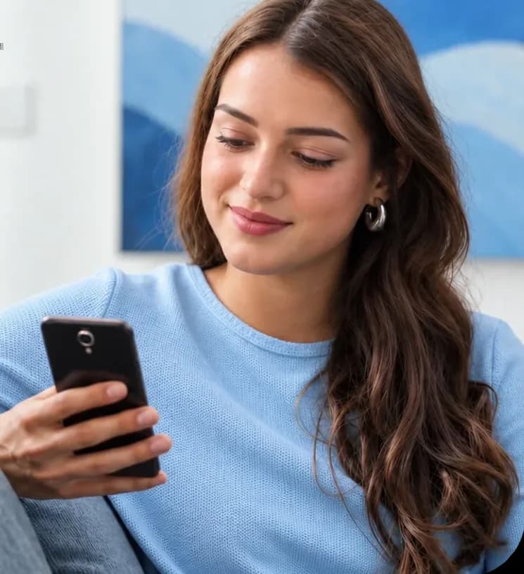 A woman smiling while looking at the JawBuddy app